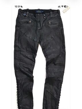 Ralph Lauren Black Skinny Moto Jeans with Lace-Up Sides